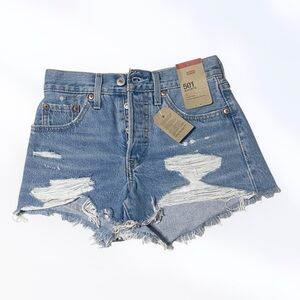 LEVI’S Shorts NWT 501 High Rise Ripped Button Fly In Quiet Riot Blue Size 24